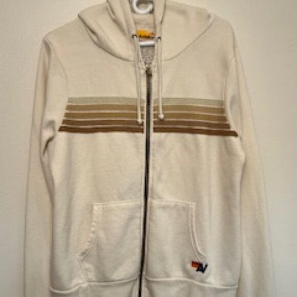 Aviator Nation 5 Stripe Zip Hoodie Cream Tan Beige - Picture 2 of 6